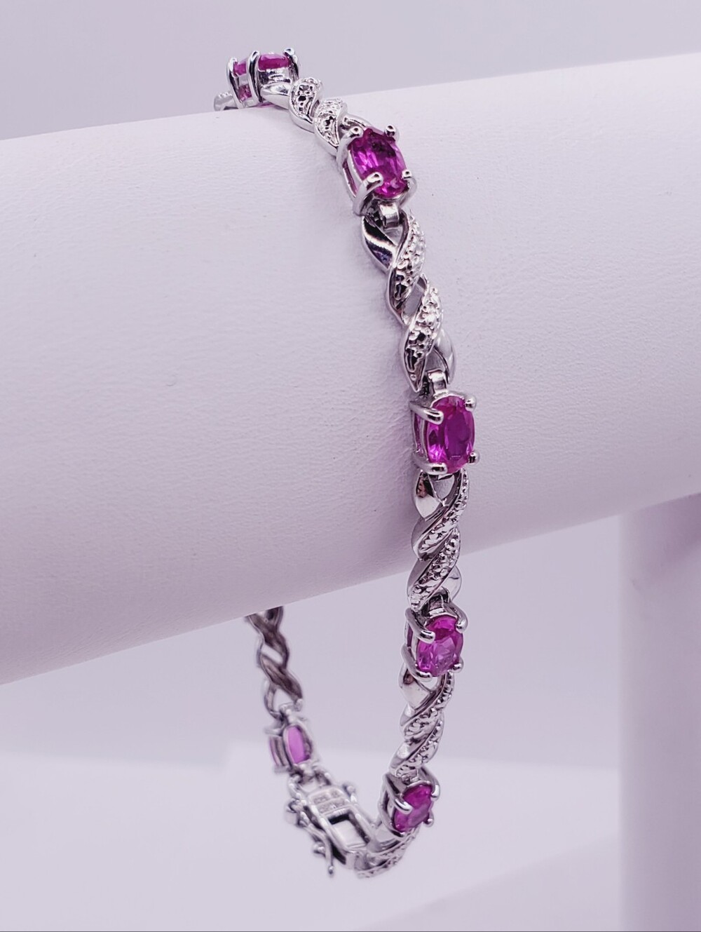 4 Carat Pink Sapphire & Diamond Accent - 925 Sterling Silver Twist Bracelet